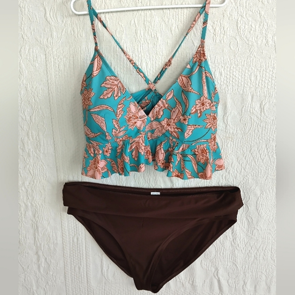 22W Bikini Set, Turquoise Ruffle Bikini Top, Brown  Bikini bottom, Plus Size